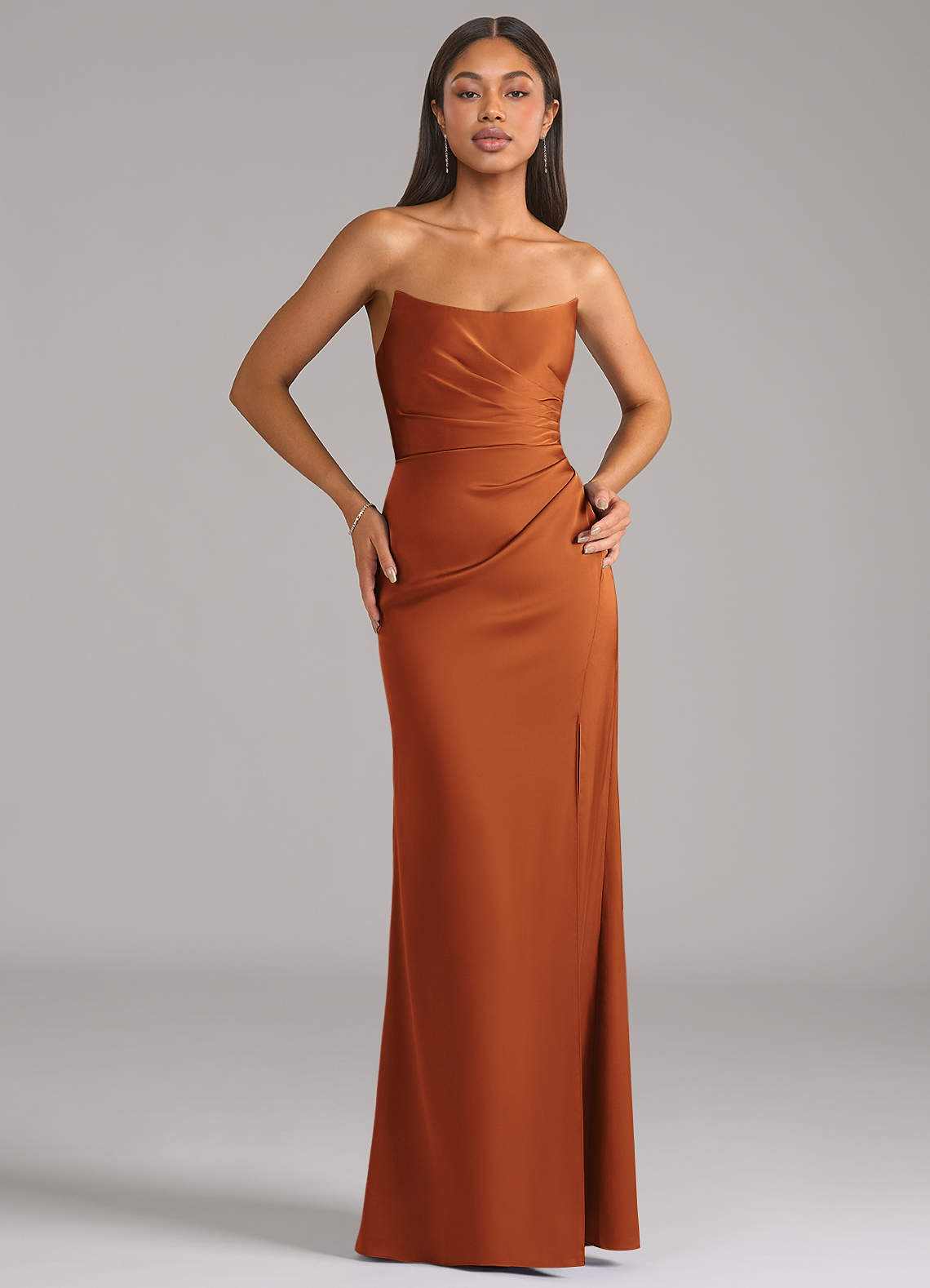 Marla Sheath Strapless Stretch Satin Bridesmaid Dress in Cinnamon