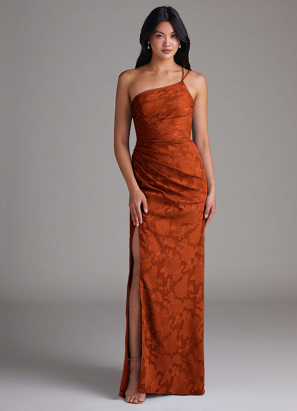 Eren Sheath One-Shoulder Floral Burnout Bridesmaid Dress in Paprika