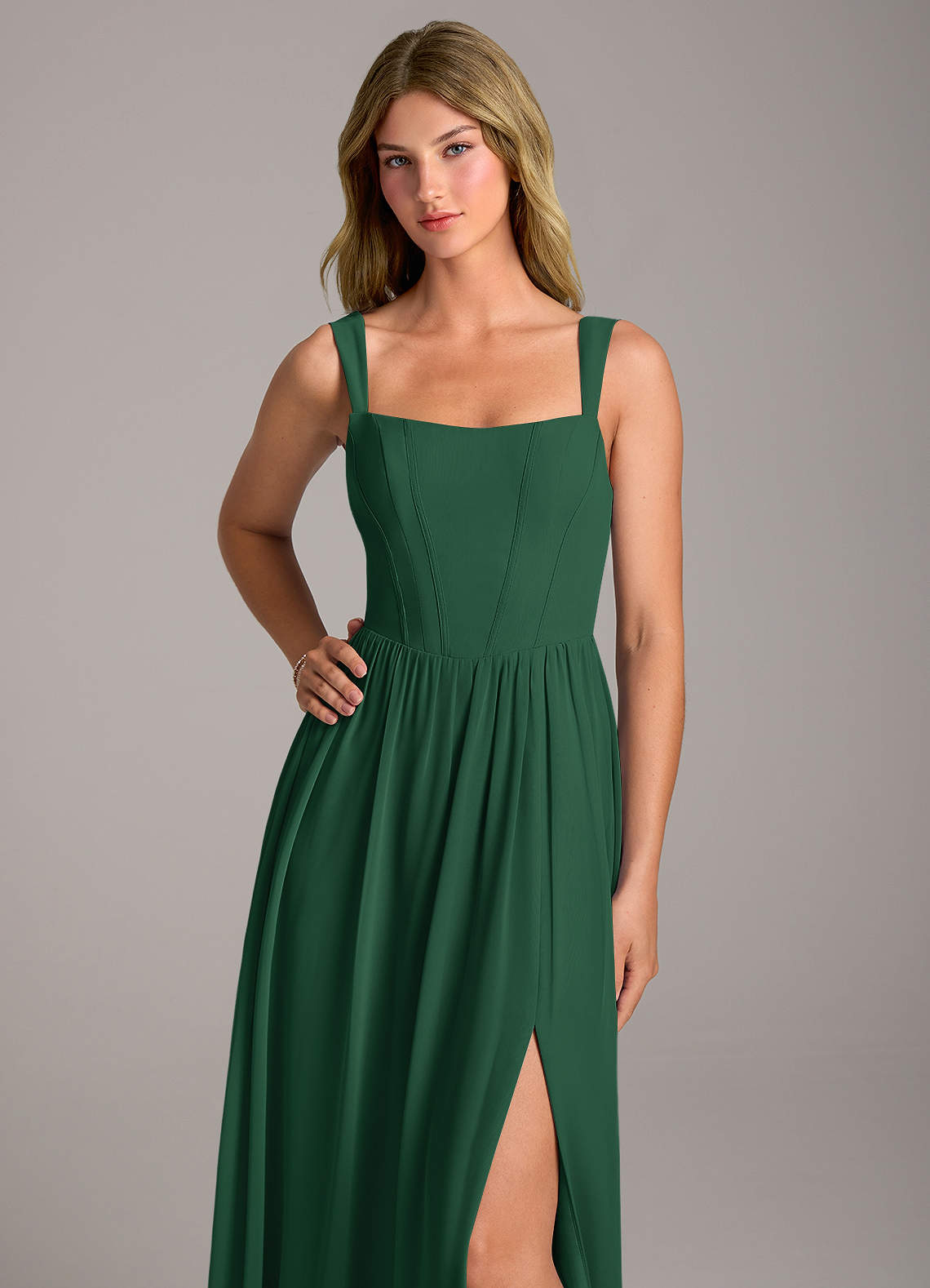 Rosaline A-Line Square-Neck Chiffon Bridesmaid Dress in Dark Green