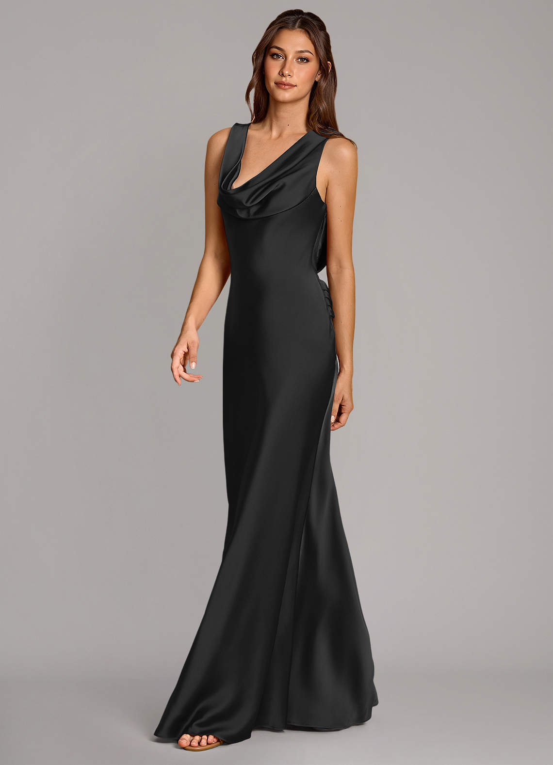 Cheryl Mermaid Cowl-Neck Stretch Satin Bridesmaid Dress in black