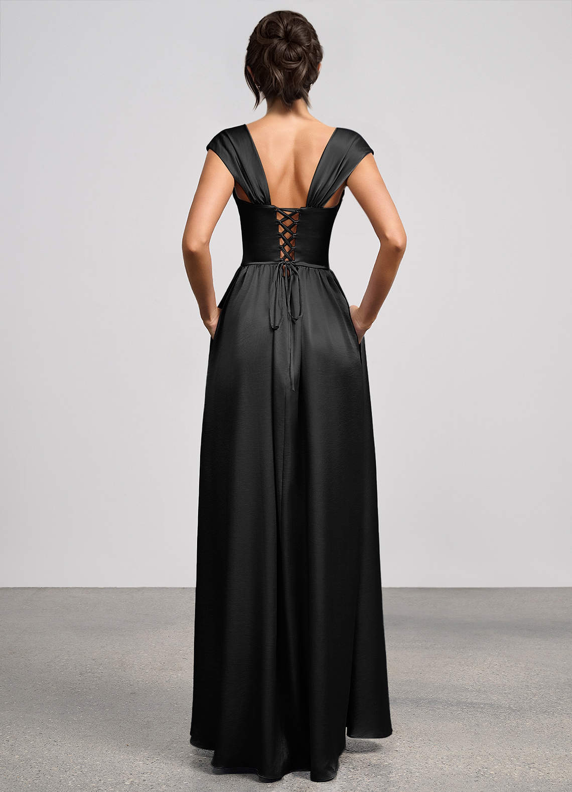 Odette A-Line Corset Luminous Satin Evening Dress in black