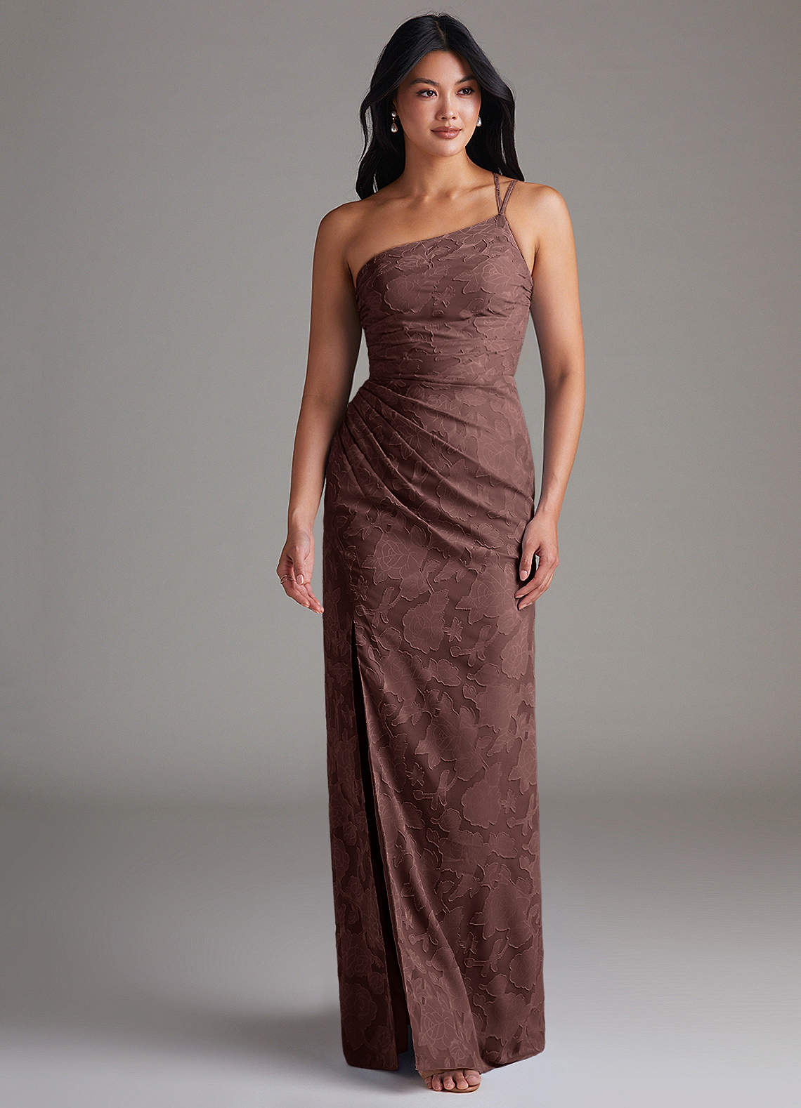 Eren Sheath One-Shoulder Floral Burnout Bridesmaid Dress in Espresso