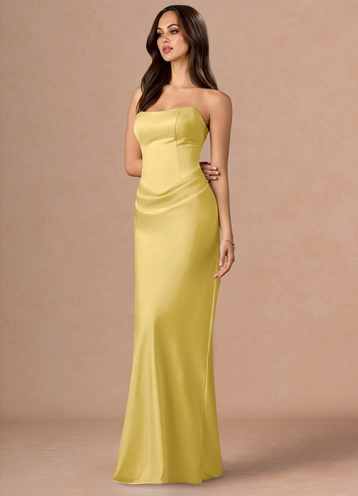 Valencia Scarf Lace-Up Stretch Satin Evening Dress in Pastel Yellow
