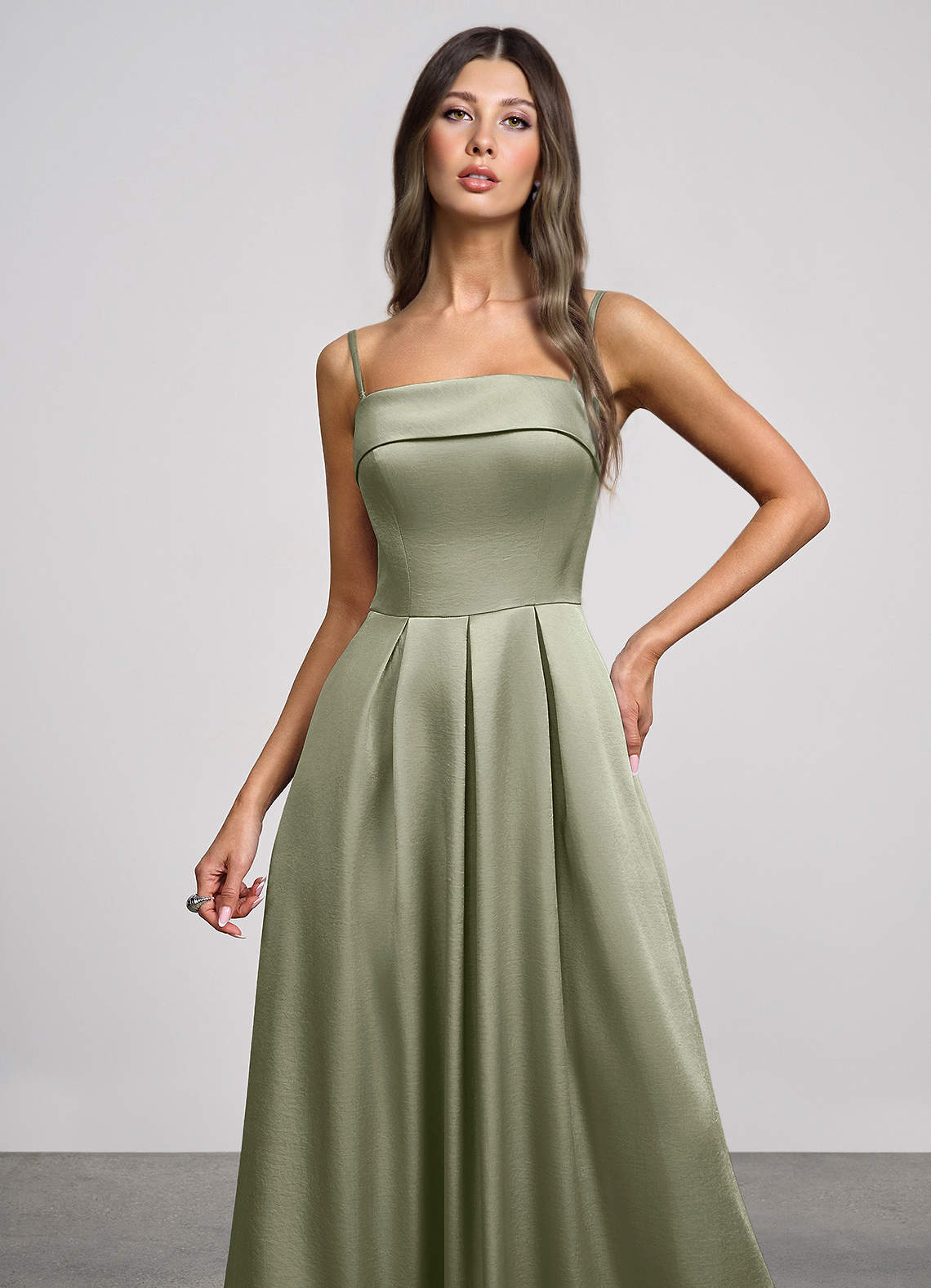 Isolde Strapless Folded-Neck Corset Luminous Satin Evening Dress in Dusty Sage