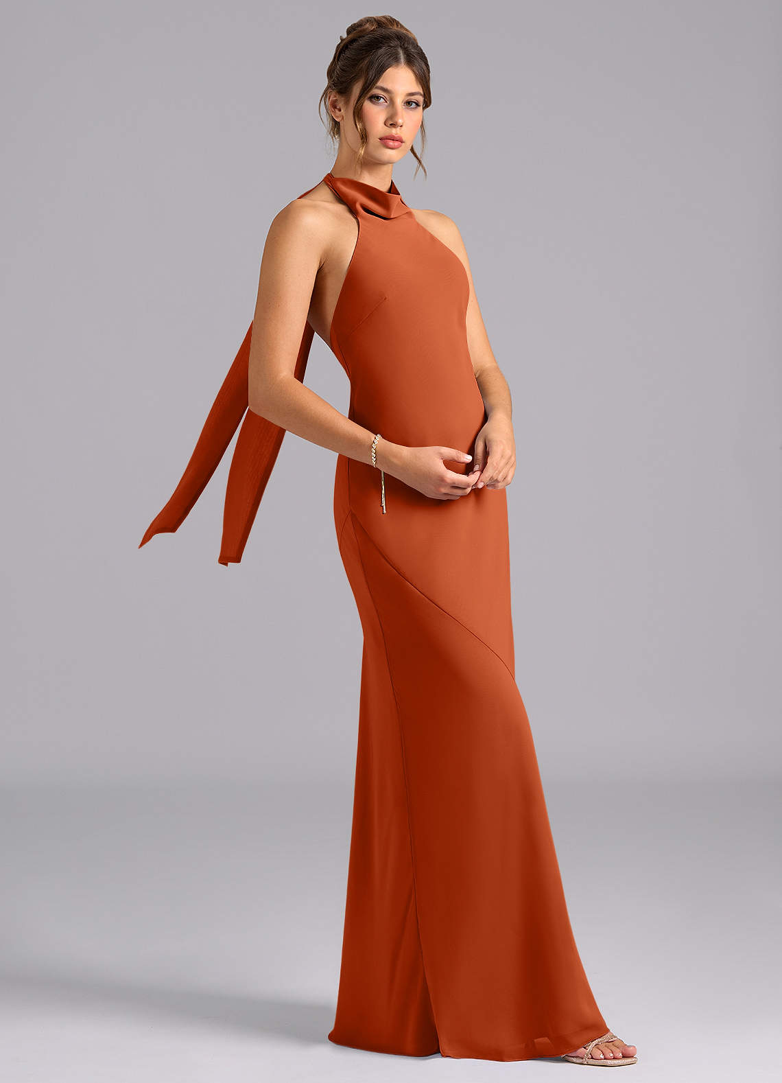 Velli Mermaid Halter Chiffon Bridesmaid Dress in Burnt Orange