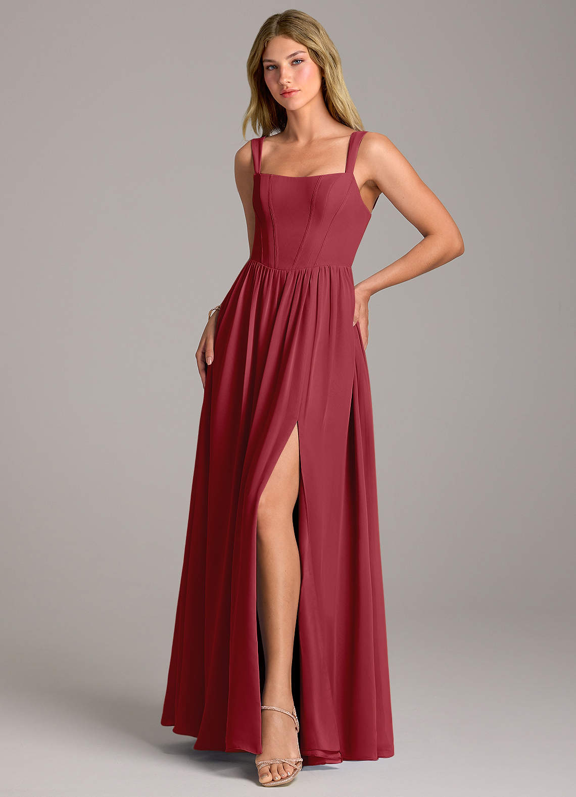 Rosaline A-Line Square-Neck Chiffon Bridesmaid Dress in Pomegranate
