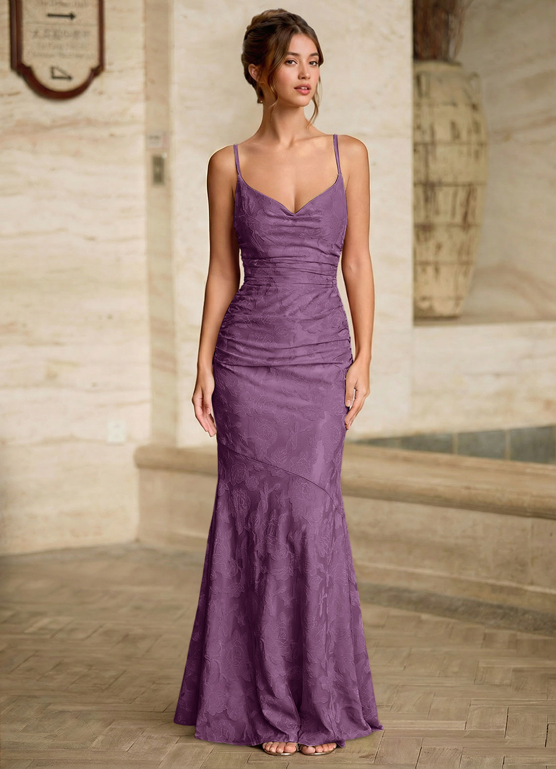 Leahenmo Mermaid Cowl-Neck Floral Burnout Prom Dress in Wisteria