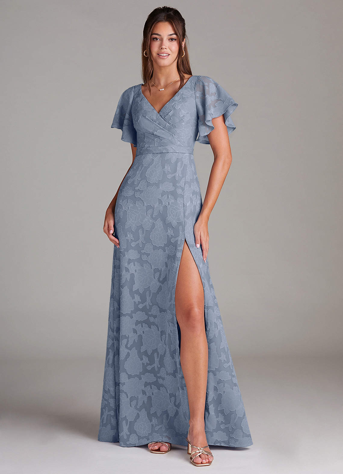 Ambrosia A-Line V-Neck Floral Burnout Bridesmaid Dress in dusty blue
