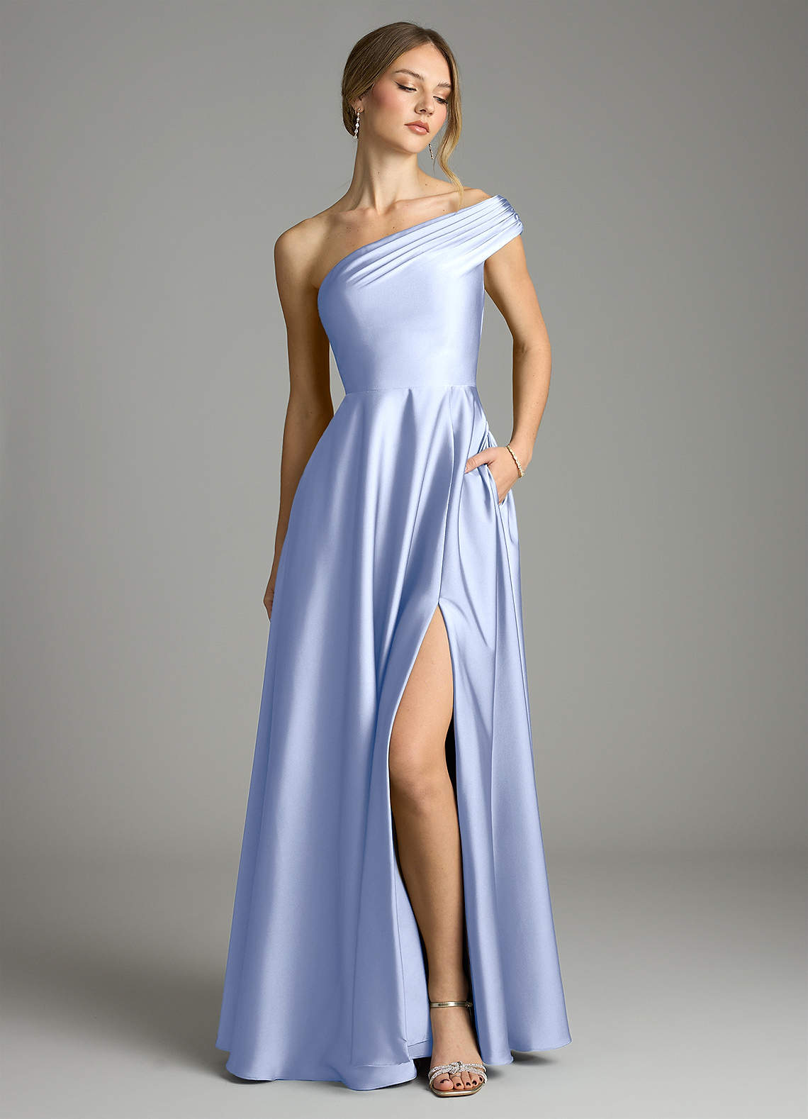 Melanie A-Line One-Shoulder Stretch Satin Bridesmaid Dress in Ice