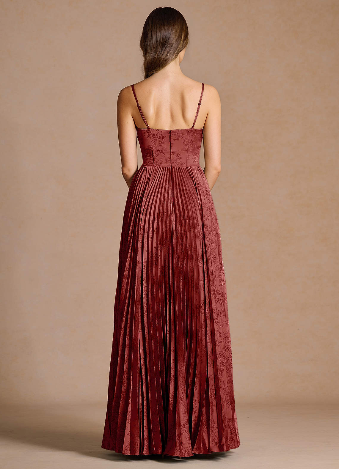 Vesper Pleated Knot-Neck Jacquard Wedding Guest Dress in Orange Red