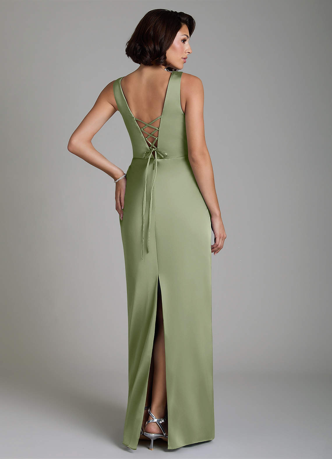 Vanya Sheath V-Neck Stretch Satin Bridesmaid Dress in Pistachio