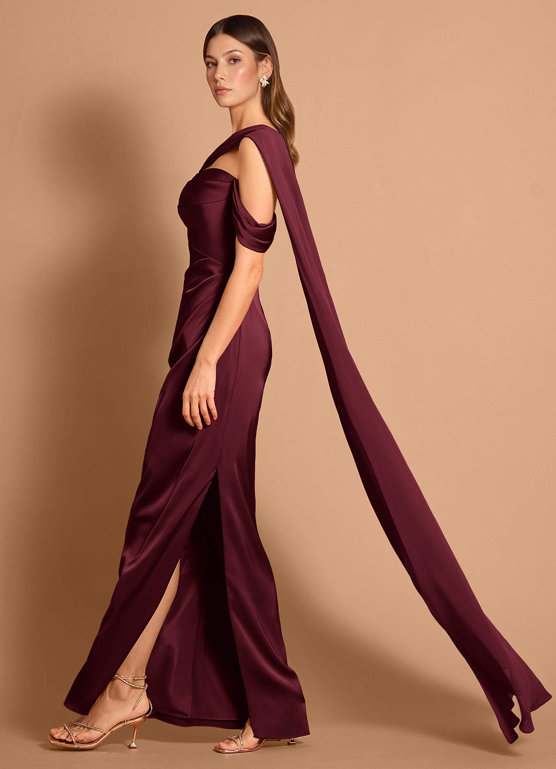 Meliora Asymmetric Strapless Chiffon-Drape Stretch Satin Evening Dress in Wine