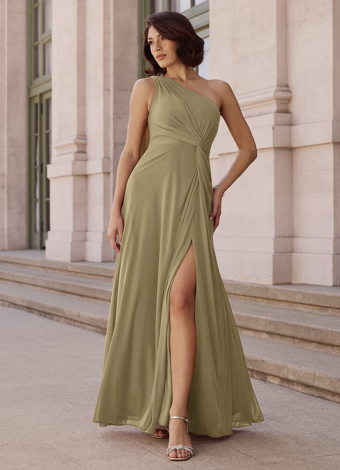 Brooke A-Line One-Shoulder Chiffon Bridesmaid Dress in Moss Green