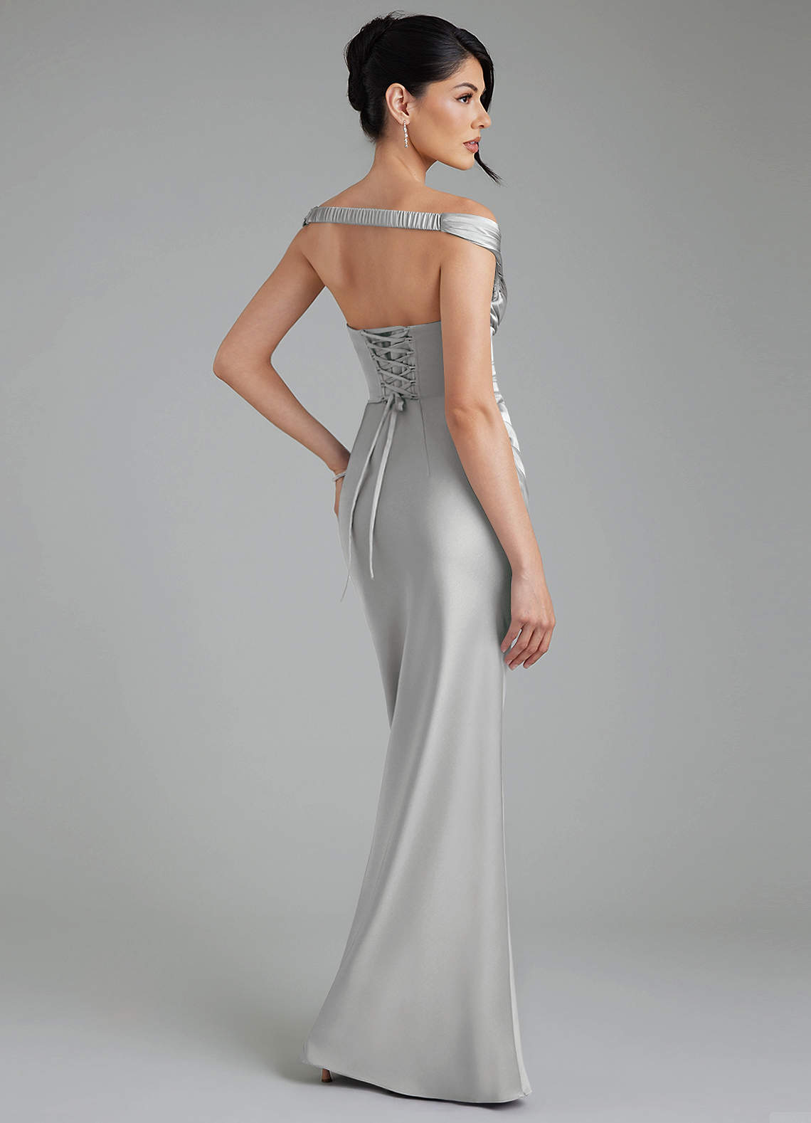 Stella Sheath V-Neck Stretch Satin Bridesmaid Dress in Silver