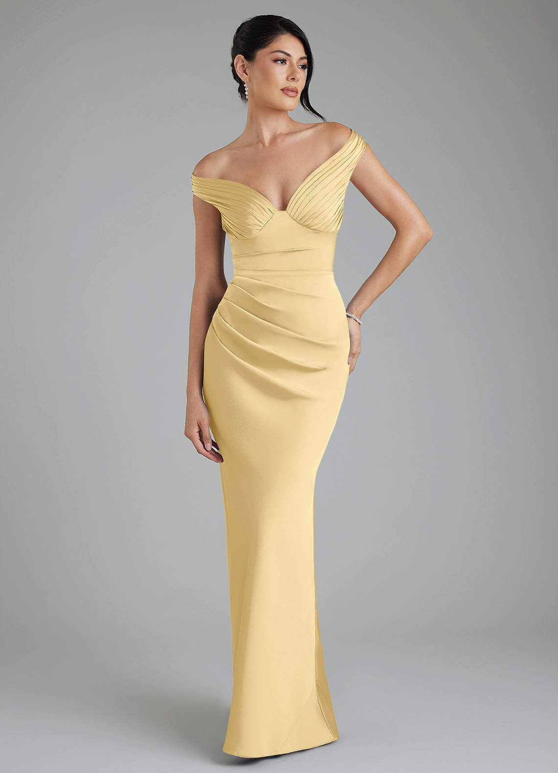 Stella Sheath V-Neck Stretch Satin Bridesmaid Dress in Butter