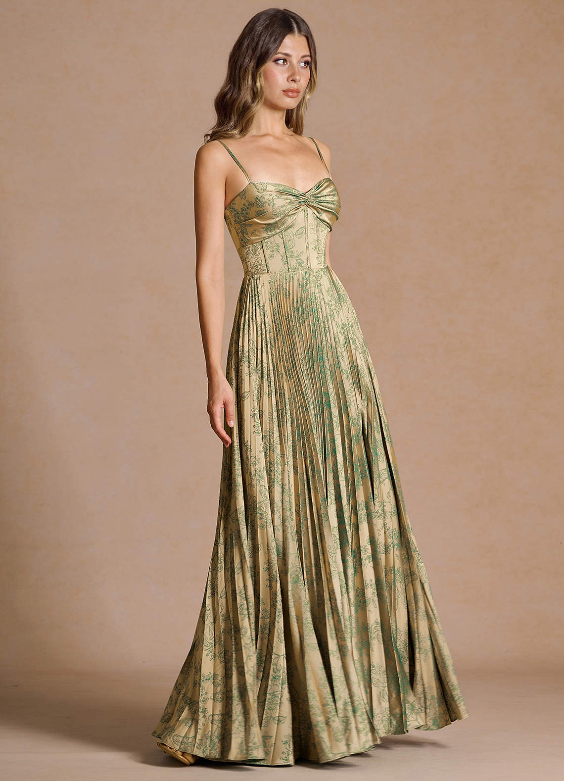 Vesper Pleated Knot-Neck Jacquard Wedding Guest Dress in Moss Navy
