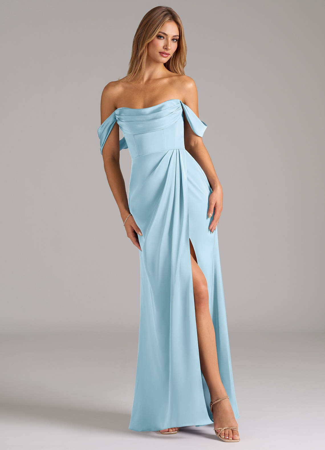 Johana Mermaid Off-the-Shoulder Stretch Satin Bridesmaid Dress in Sky Blue