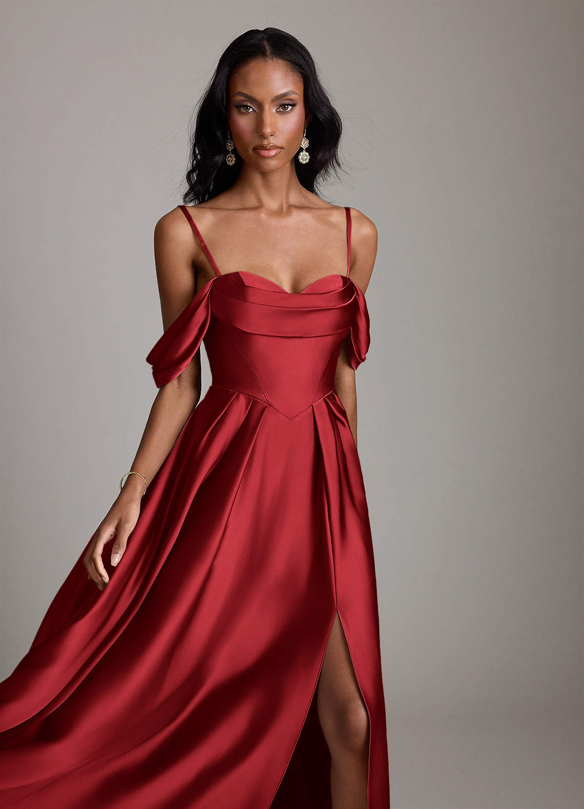 Loisa A-Line Off-the-Shoulder Stretch Satin Bridesmaid Dress in Scarlet