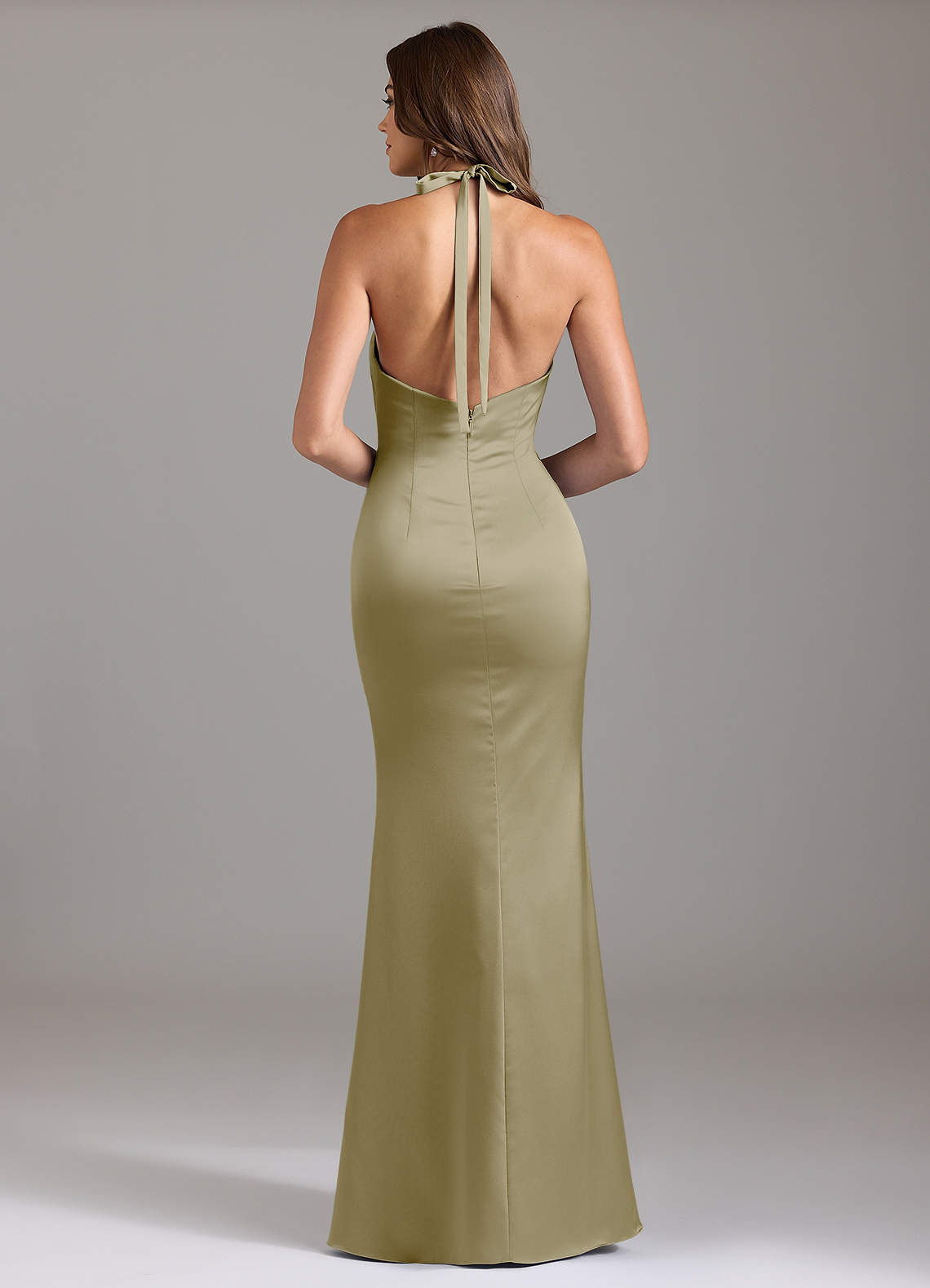 Valerie Mermaid V-Neck Stretch Satin Bridesmaid Dress in Moss Green