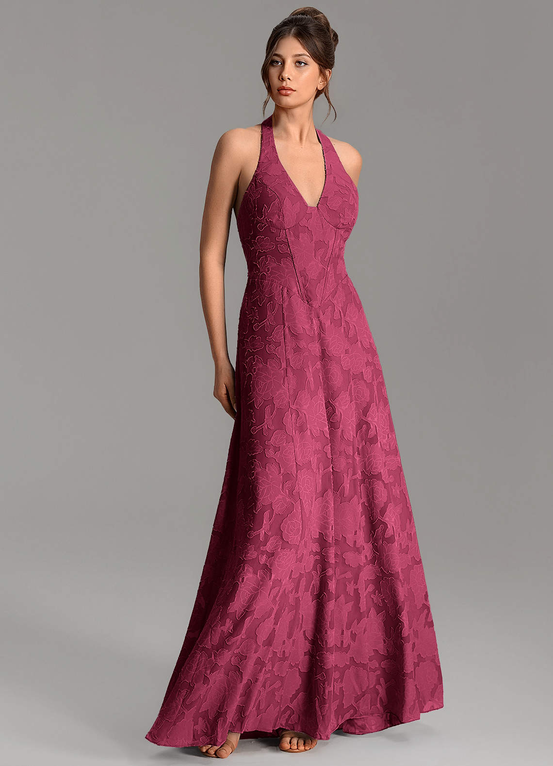 Nia A-Line V-Neck Floral Burnout Bridesmaid Dress in Burgundy