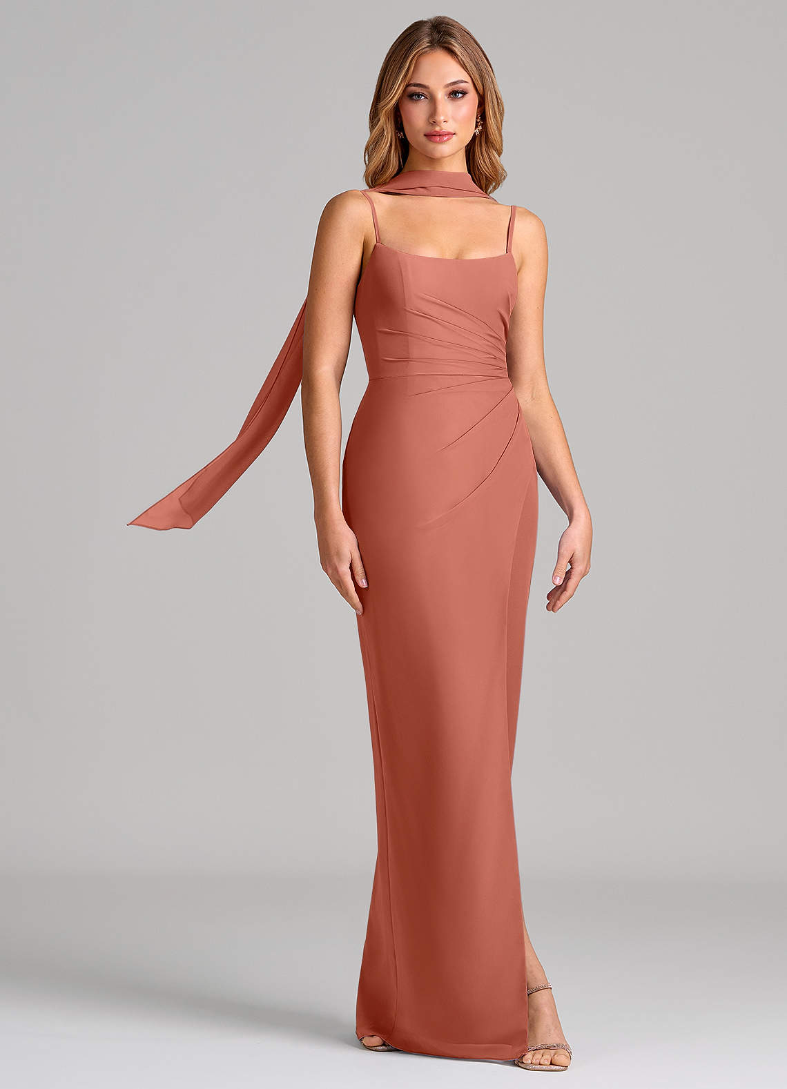 Calandra Sheath Scoop-Neck Chiffon Bridesmaid Dress in Clay