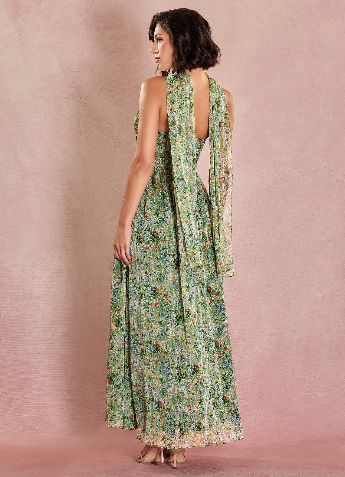 Lolla A-Line V-Neck Chiffon Wedding Guest Dress in Green Floral