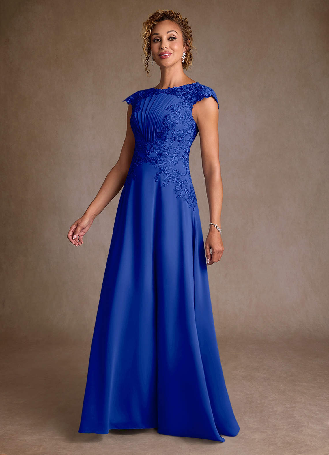 Christi A-Line Scoop-Neck Chiffon and Lace Mother of the Bride Dress in Royal Blue
