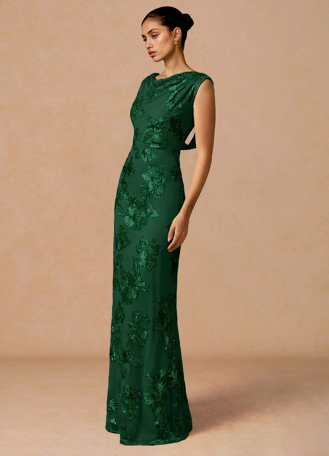 Elowis Column Open-Back Floral Mesh Evening Dress in Forest Green