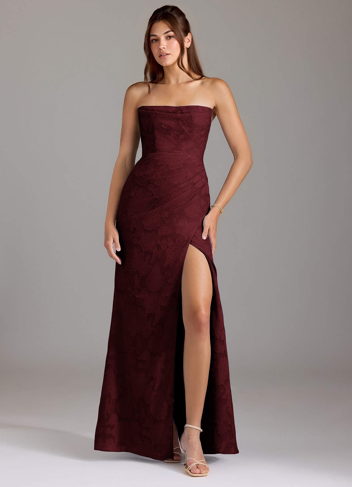 Leonis Sheath Strapless Floral Burnout Bridesmaid Dress in Cabernet
