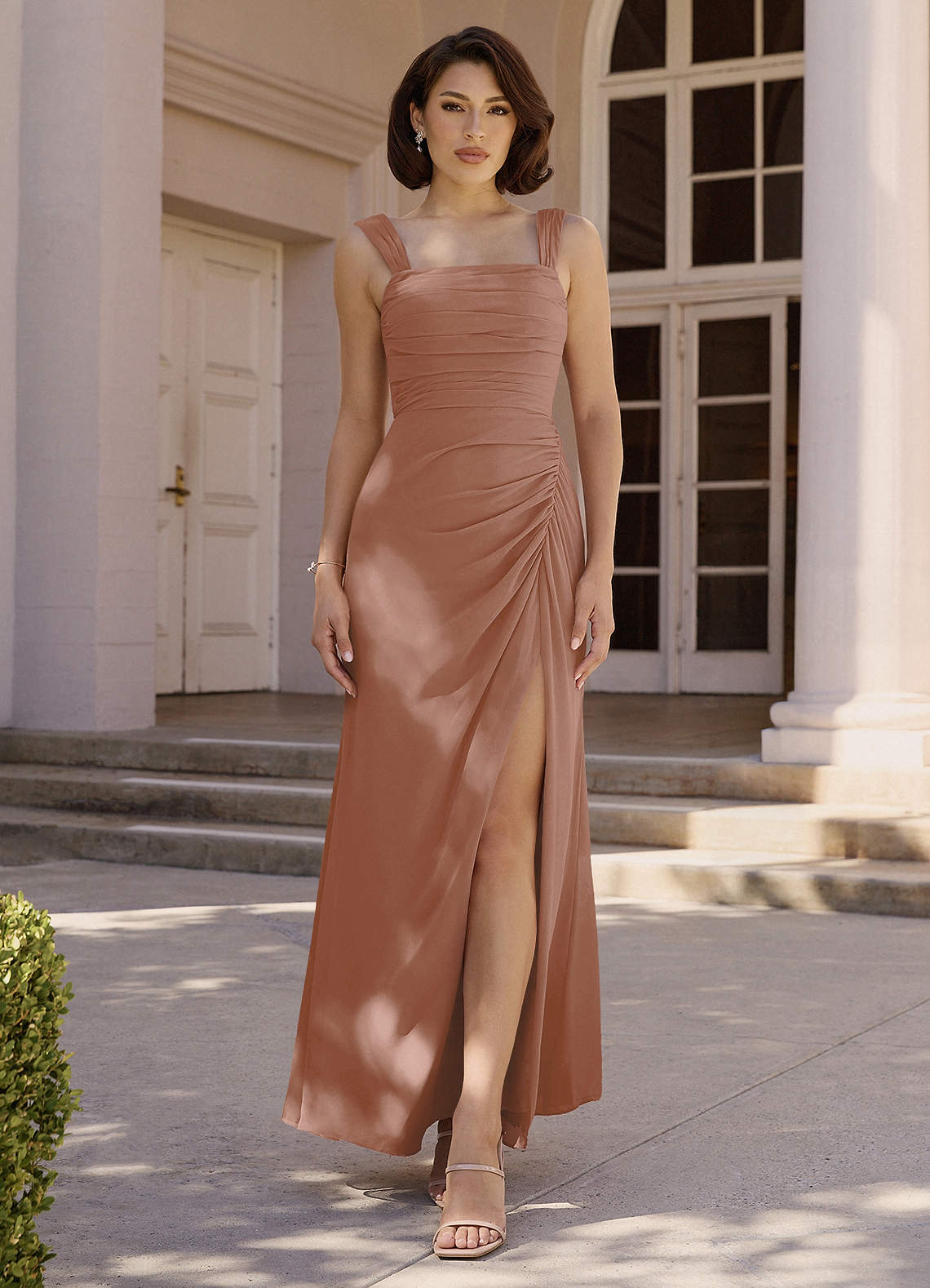Jesaphine Sheath Square-Neck Chiffon Bridesmaid Dress in Bronzer