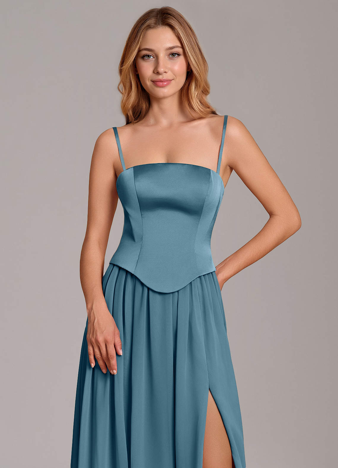 Cadence A-Line Strapless Chiffon and Stretch Satin Bridesmaid Dress in Bermuda
