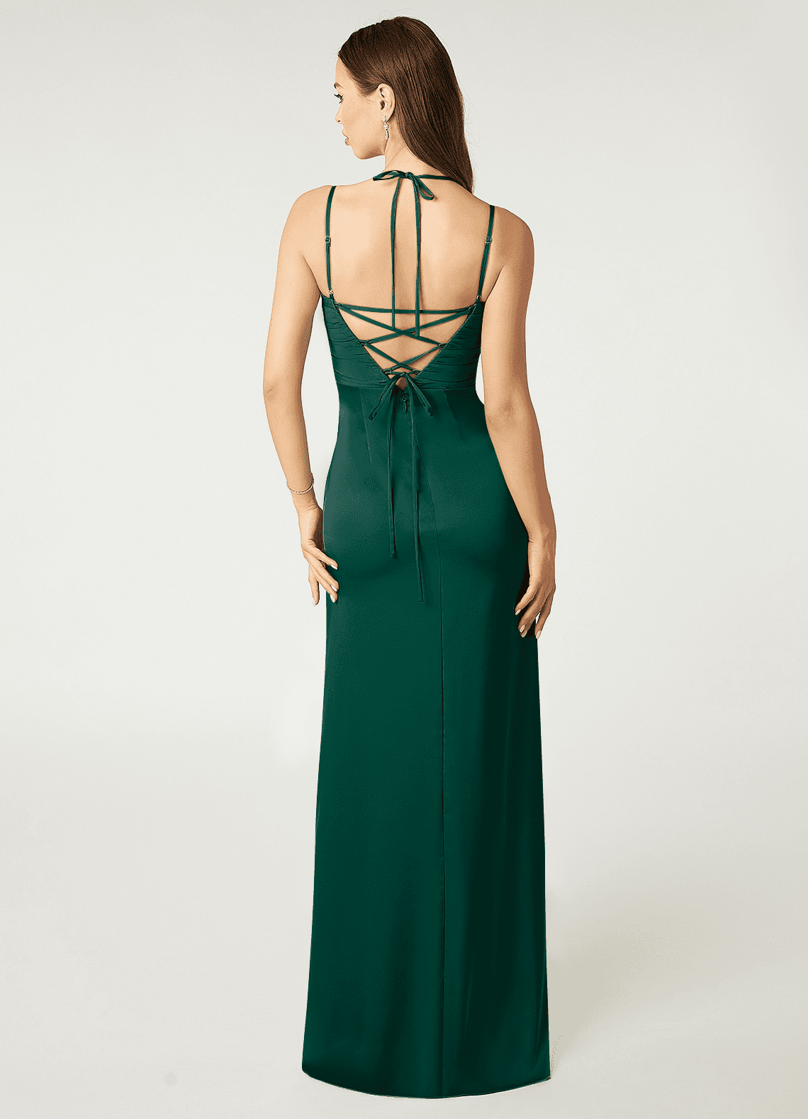 Desi Sheath Halter Stretch Satin Bridesmaid Dress in Emerald