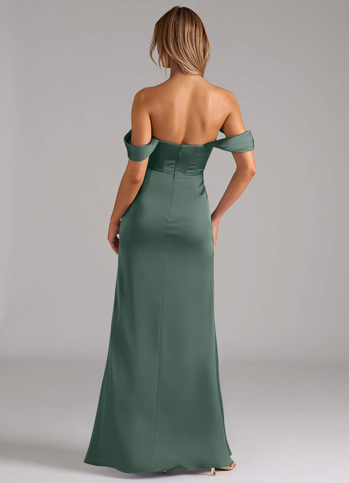 Johana Mermaid Off-the-Shoulder Stretch Satin Bridesmaid Dress in Sea Moss