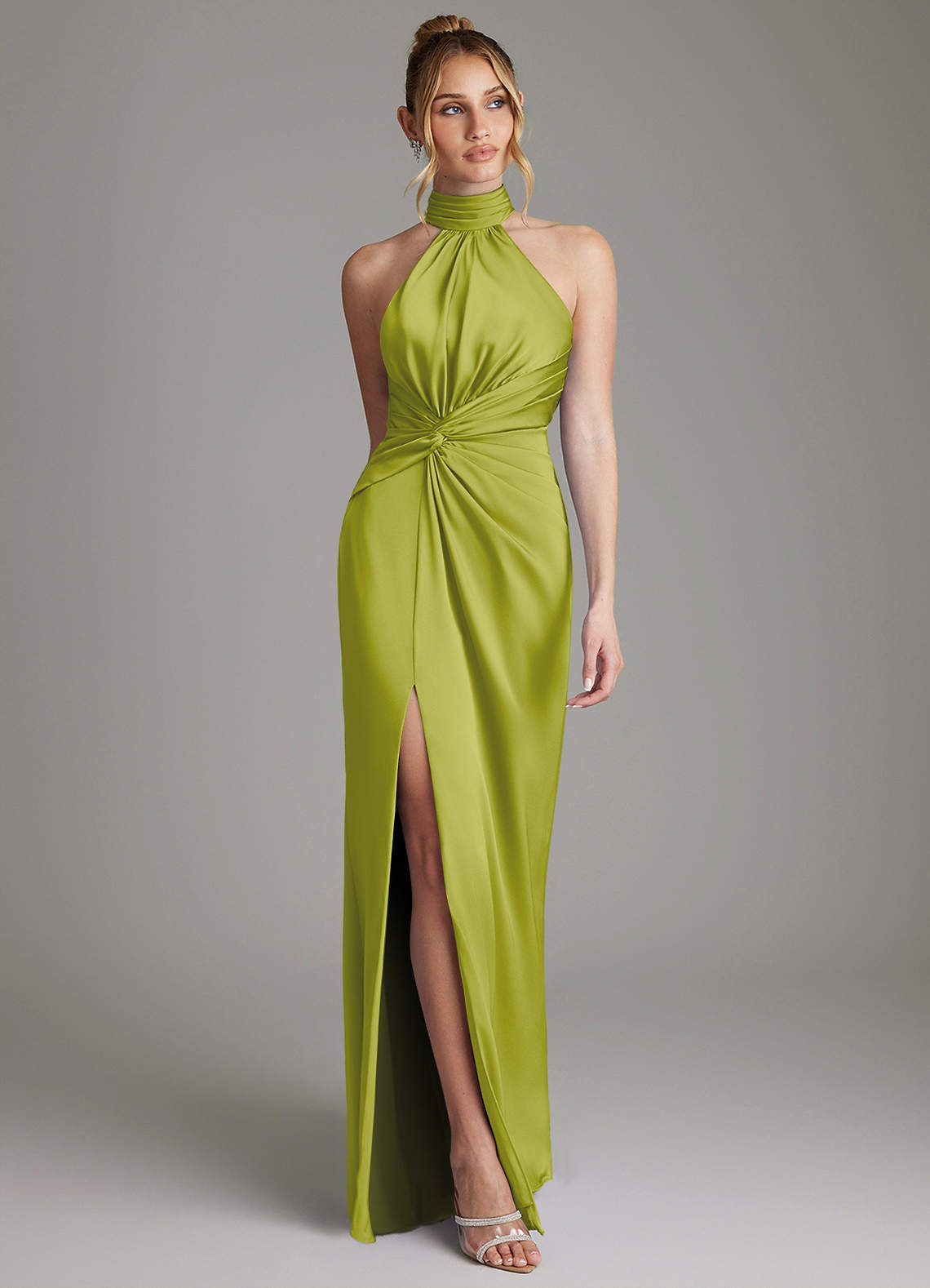 Gracelynn Sheath Halter Stretch Satin Bridesmaid Dress in Lemongrass