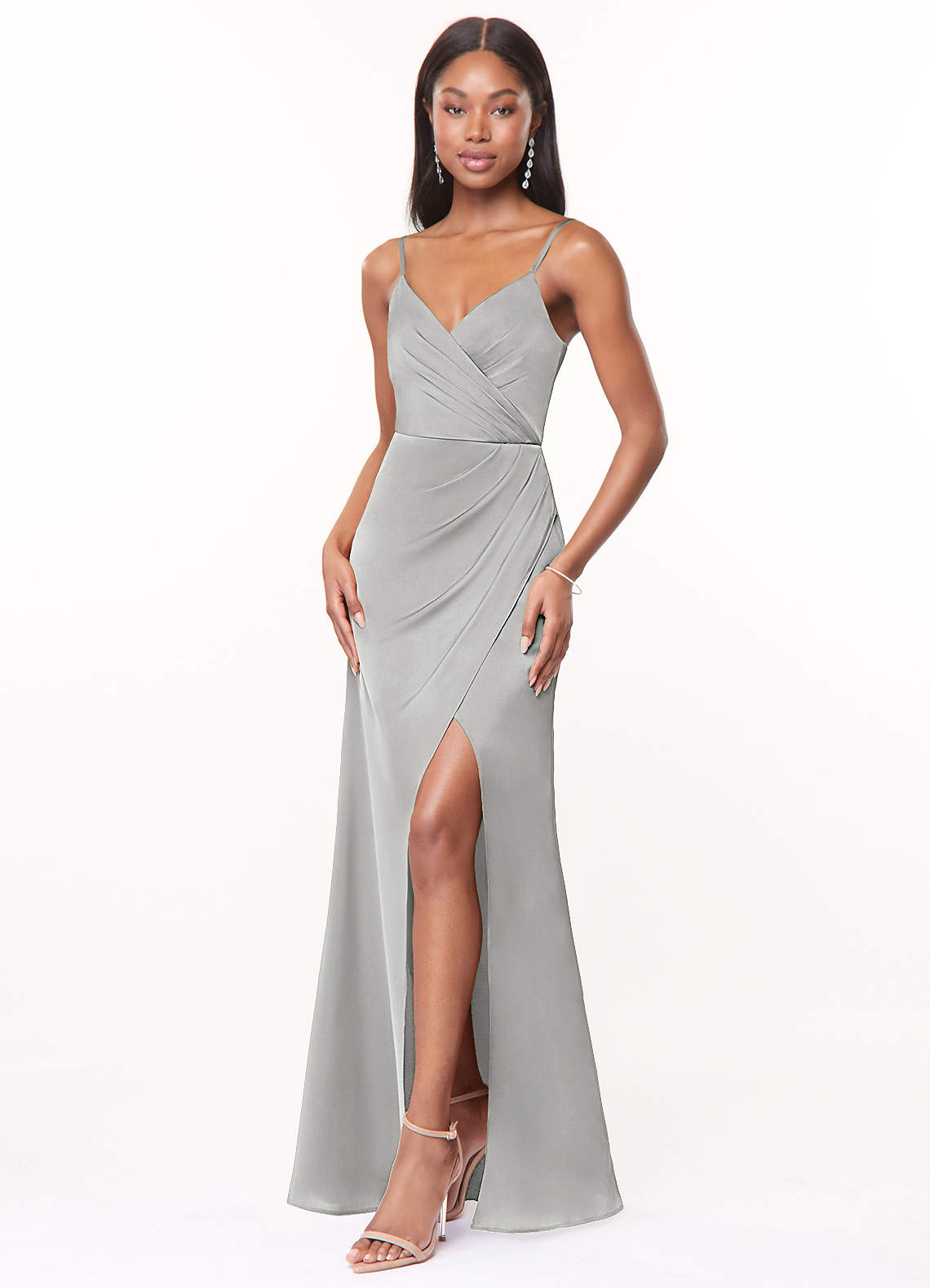 Maci A-Line V-Neck Stretch Satin Bridesmaid Dress in Silver