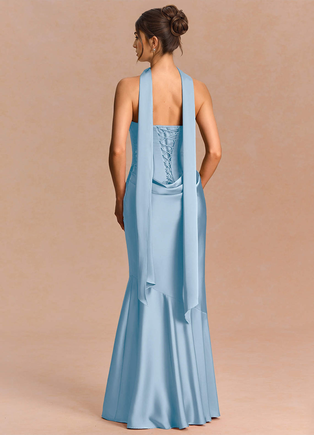 Euphemia Mermaid Strapless Stretch Satin Evening Dress in Haze blue