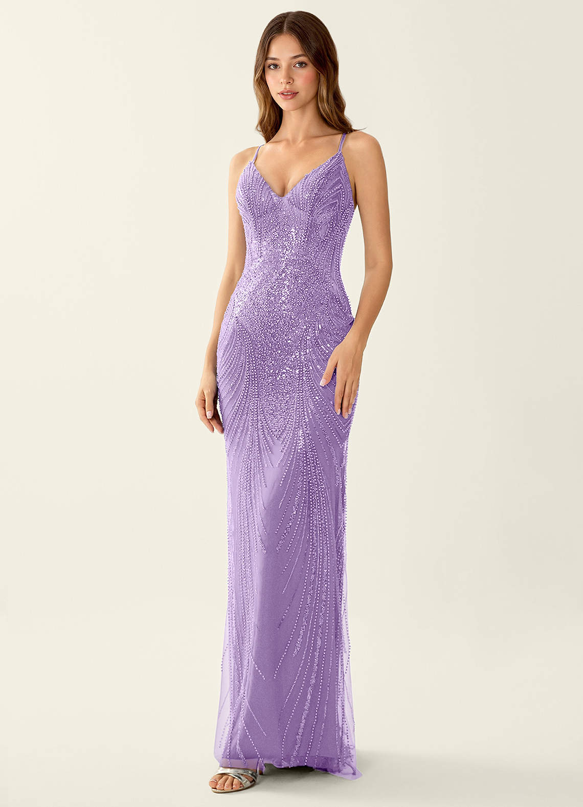 Magnolia Mermaid Beaded Sequined Stretch Mesh Evening Dress in Lilac