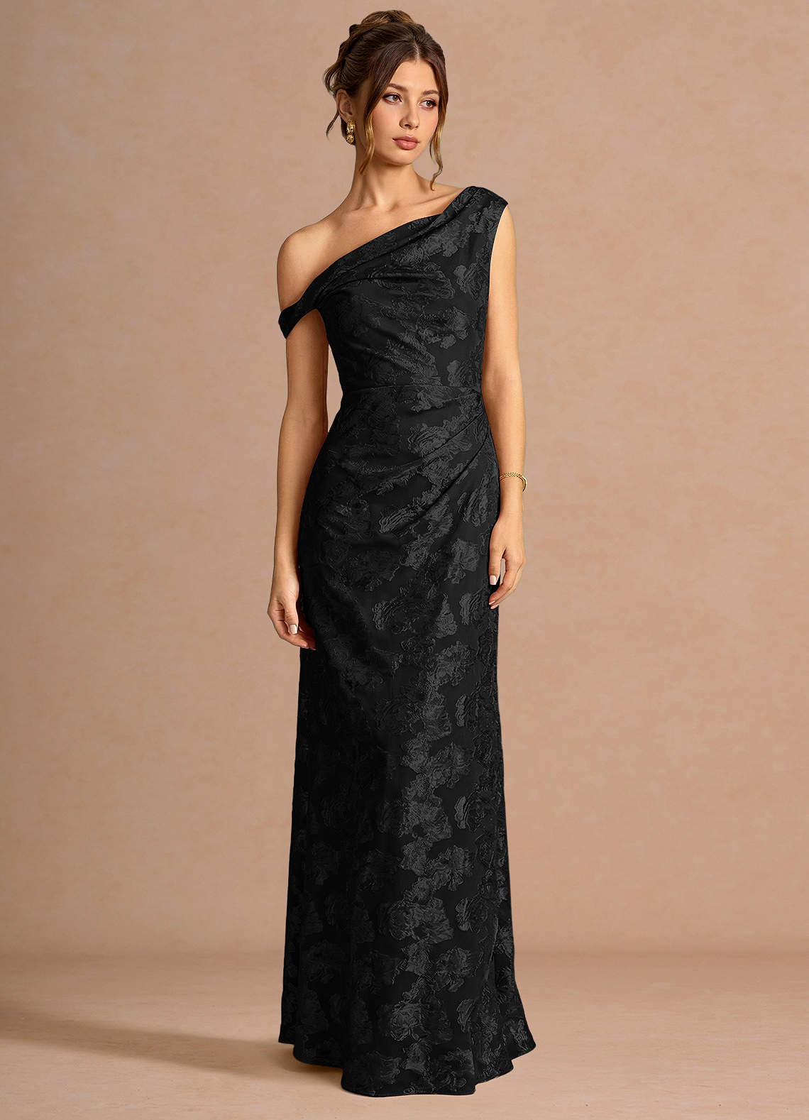 Kismet Mermaid One-Shoulder Fil Coupé Wedding Guest Dress in Black