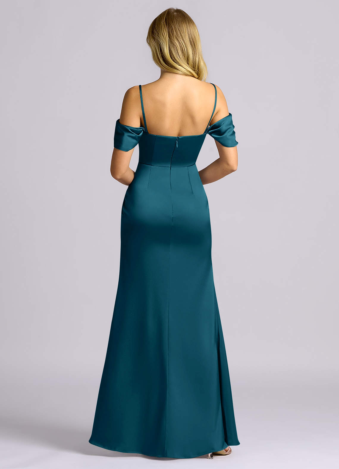 Auden Sheath Off-the-Shoulder Stretch Satin Bridesmaid Dress in Ink Blue