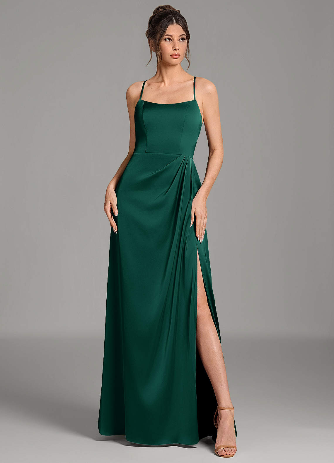 Frankie A-Line Scoop-Neck Stretch Satin Bridesmaid Dress in Emerald