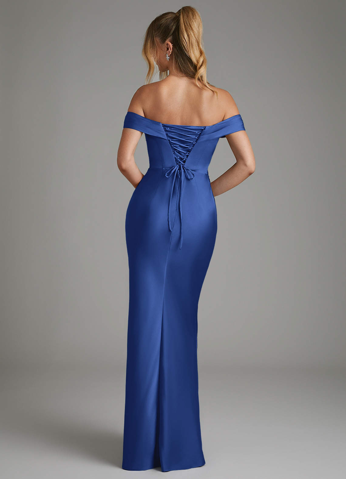 Hayden Mermaid Off-the-Shoulder Stretch Satin Bridesmaid Dress in Royal Blue