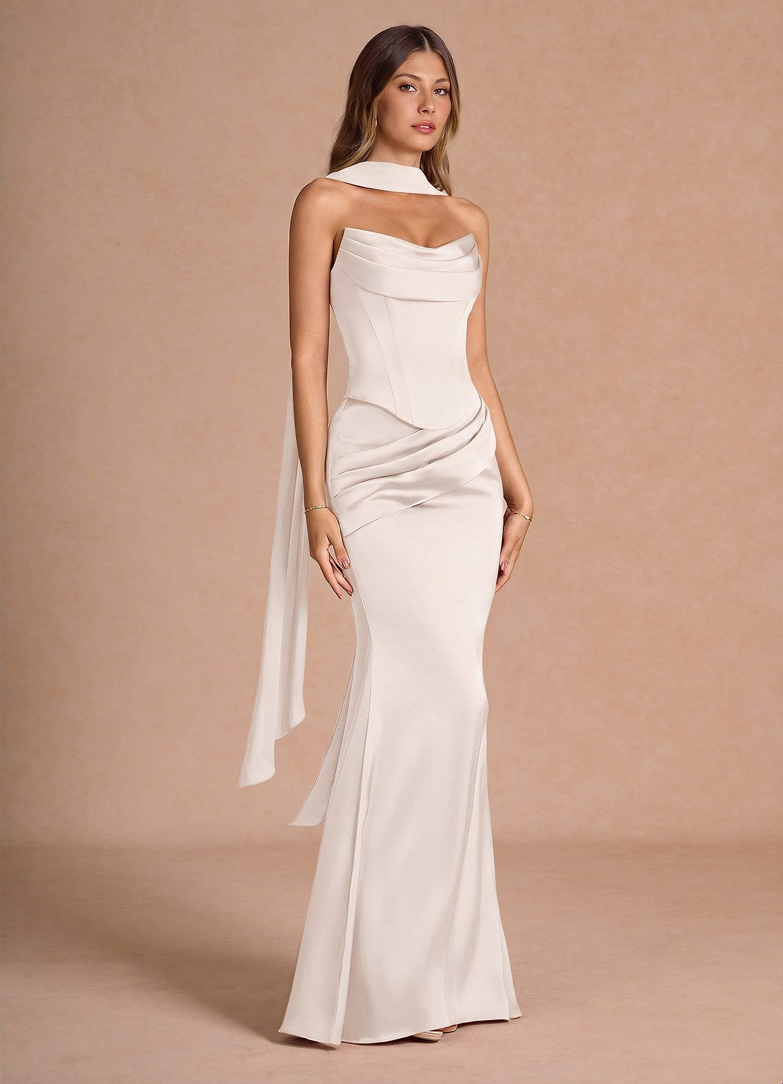 Sorrel Mermaid Corset Stretch Satin Evening Set in Cream
