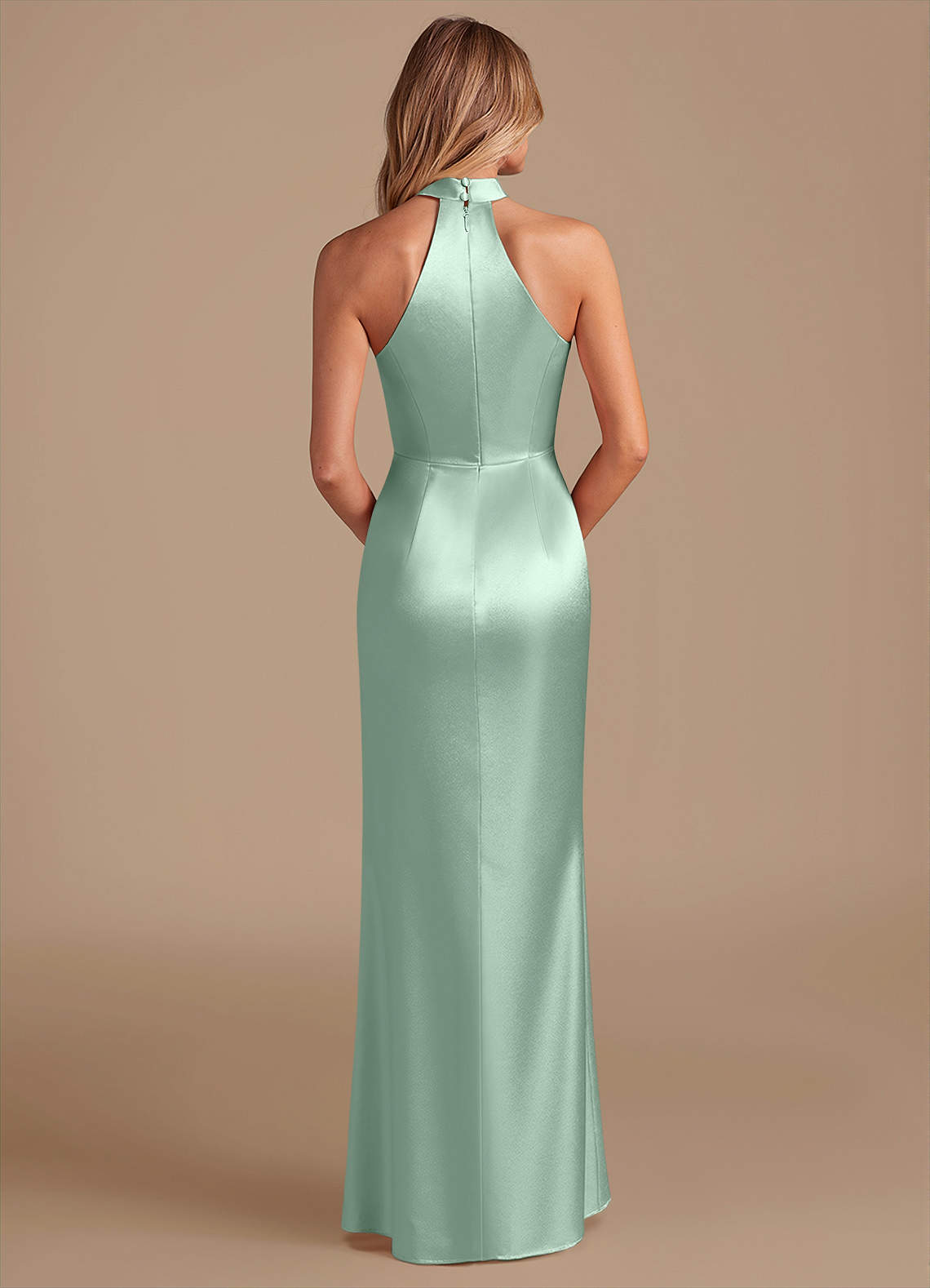 Karlotta Sheath Halter-Neck Metallic Satin Bridesmaid Dress in Agave