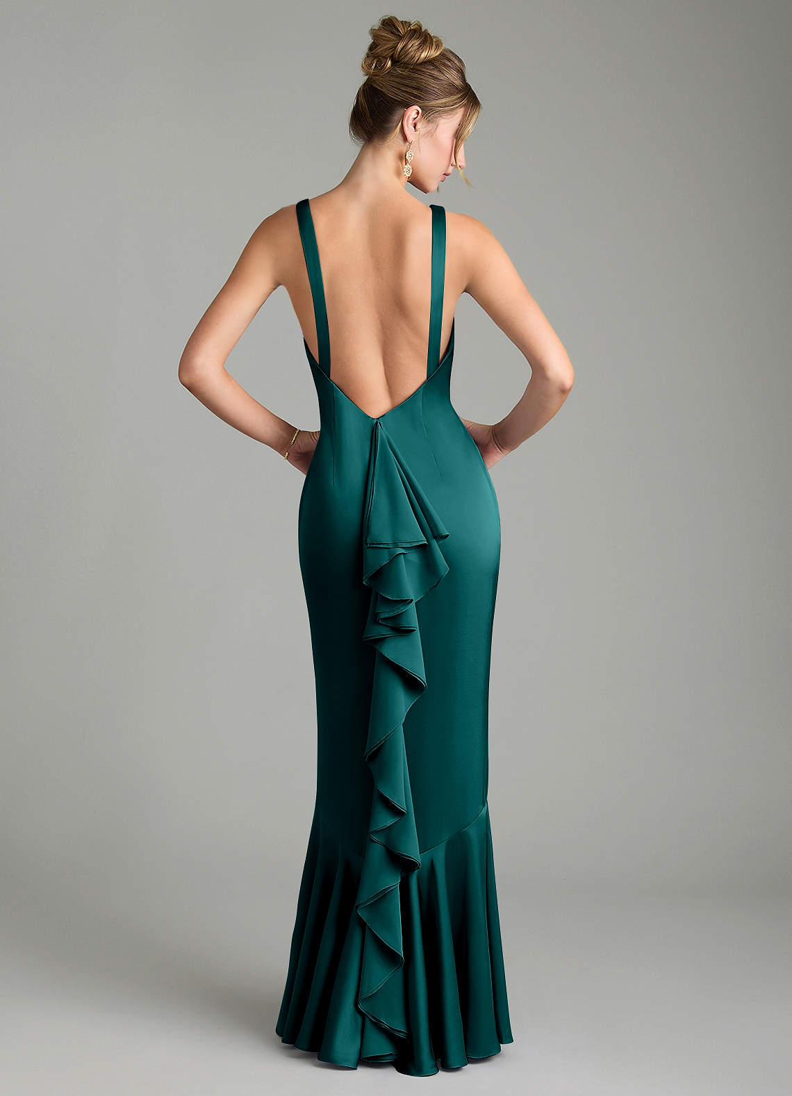 Tamera Mermaid Boat-Neck Stretch Satin and Chiffon Bridesmaid Dress in Peacock