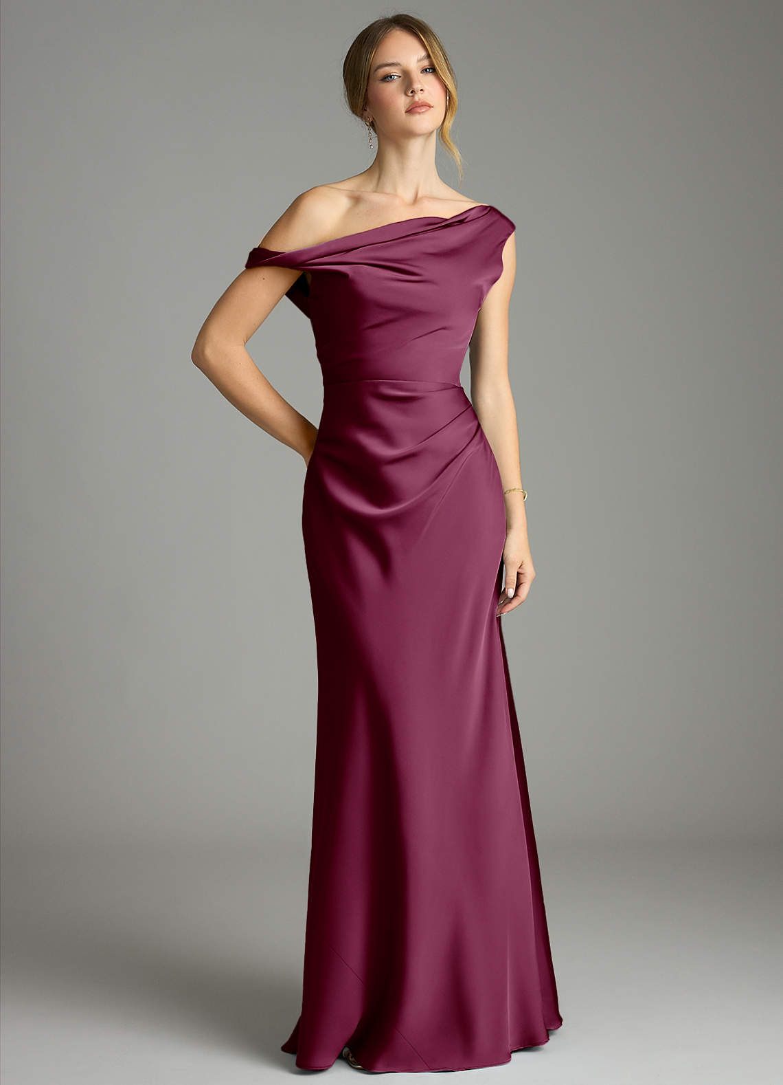 Emerson Mermaid One-Shoulder Stretch Satin Bridesmaid Dress in Mulberry
