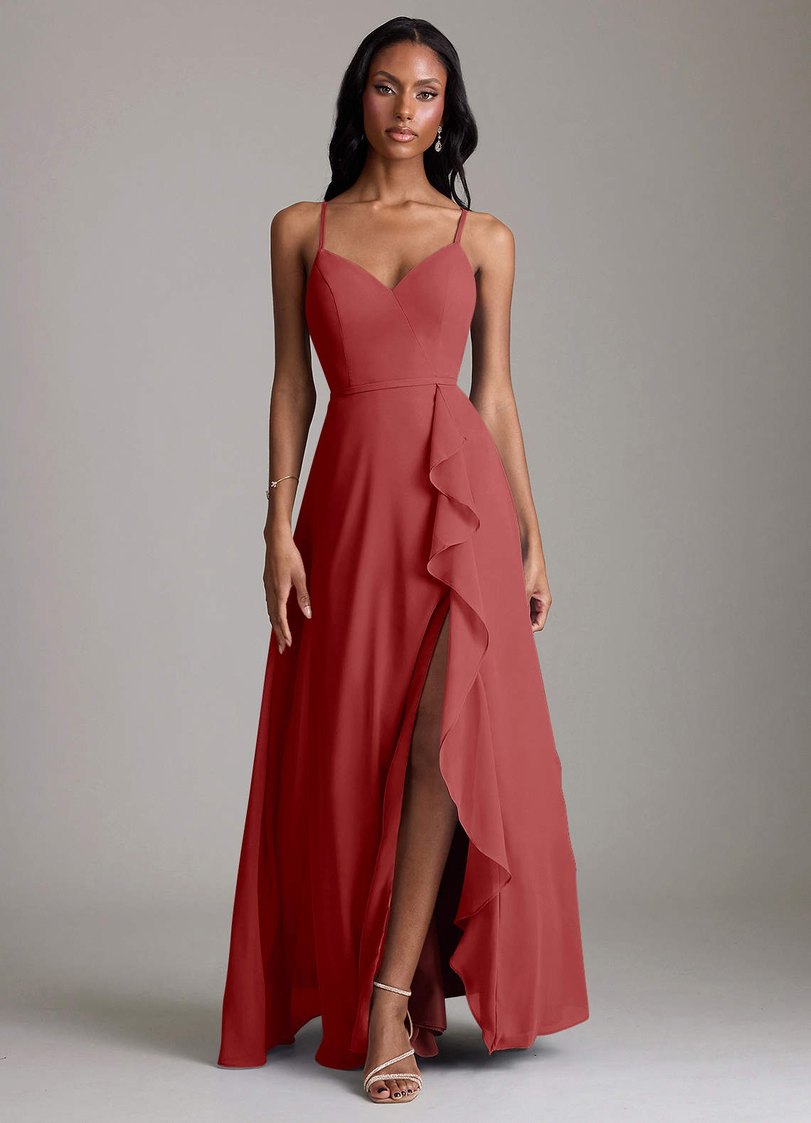 Naeem A-Line V-Neck Chiffon Bridesmaid Dress in Rust