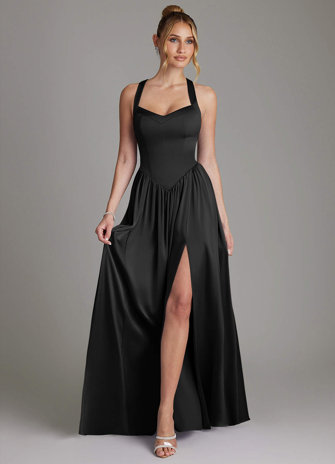 Francis A-Line V-Neck Stretch Satin Bridesmaid Dress in black