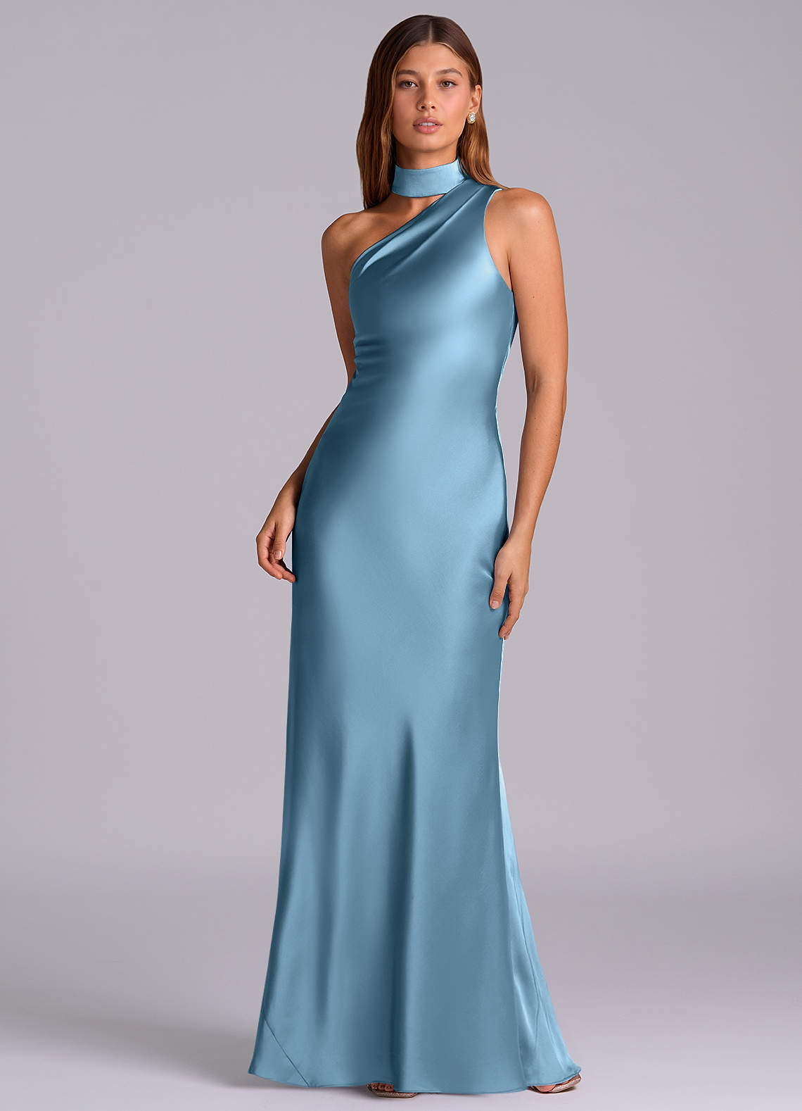 Seona Mermaid One-Shoulder Stretch Satin and Tulle Bridesmaid Dress in Steel Blue