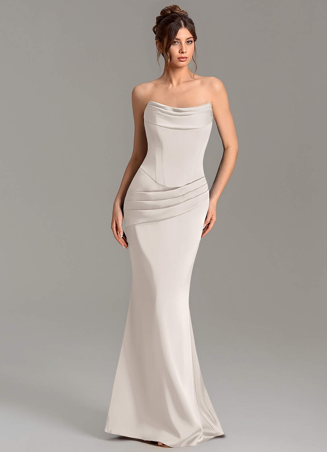 Adrienne Mermaid Cowl-Neck Stretch Satin Bridesmaid Dress in White Alabaster