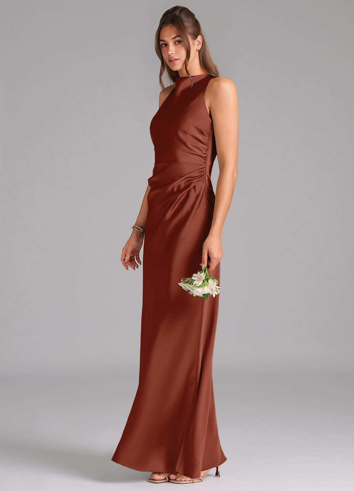 Evadne Sheath Scoop-Neck Stretch Satin Bridesmaid Dress in Auburn